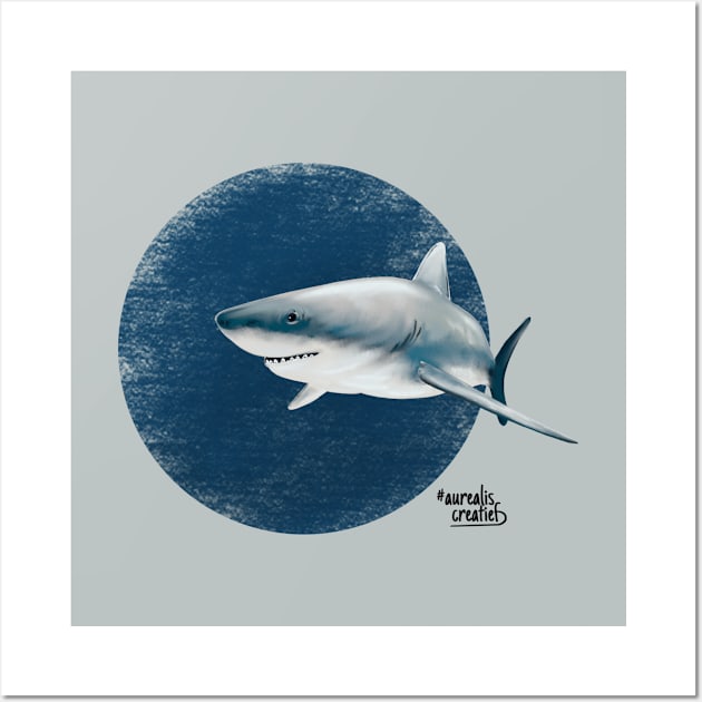 Scuba diving with white shark in deep blue Wall Art by Aurealis